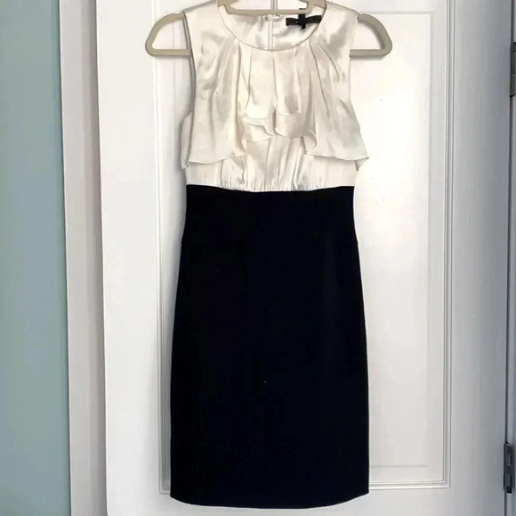 BCBG Maxazria Satin Silk Ivory Ruffle Bust Straight Shift Black Dress Size 0 - Picture 2 of 12